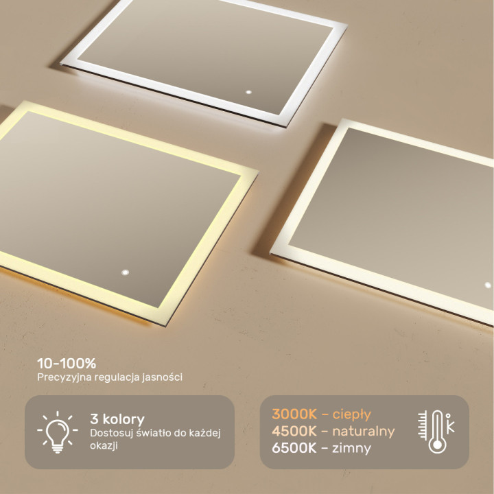80x60 cm Prostokątne lustro do łazienki z oświetleniem LED 80x60cm z Dual color, Włącznik dotykowy