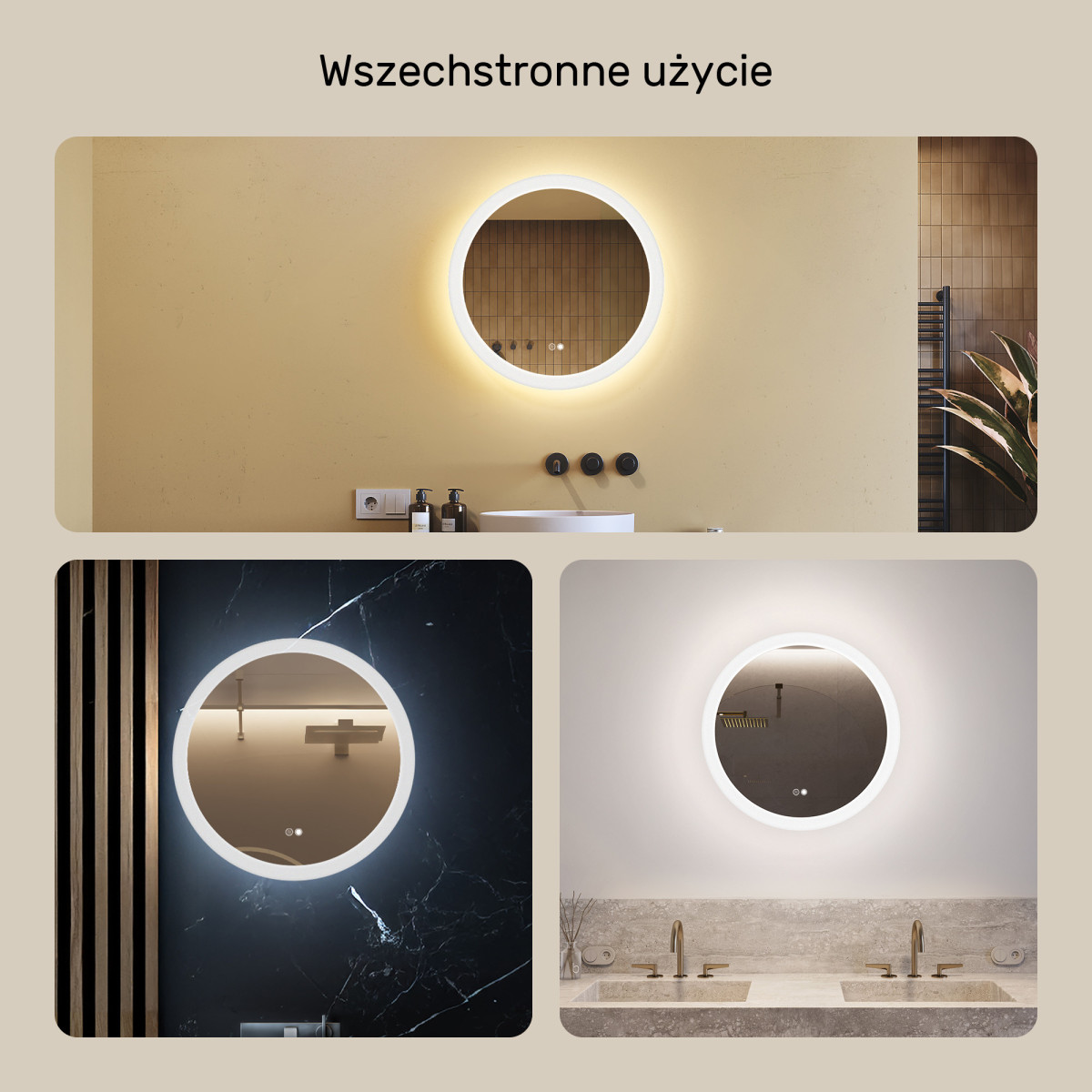 Lustra okrągłe z oświetleniem LED do łazienki 60cm z Dual color, Włącznik dotykowy, Mata grzewcza