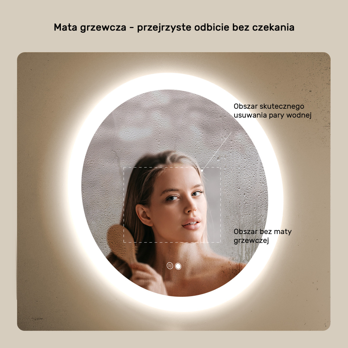 80x80 cm Lustro łazienkowe okrągłe z oświetleniem LED 80cm z Dual color, Włącznik dotykowy, Mata grzewcza