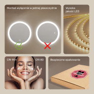 80x80 cm Lustro łazienkowe okrągłe z oświetleniem LED 80cm z Dual color, Włącznik dotykowy, Mata grzewcza