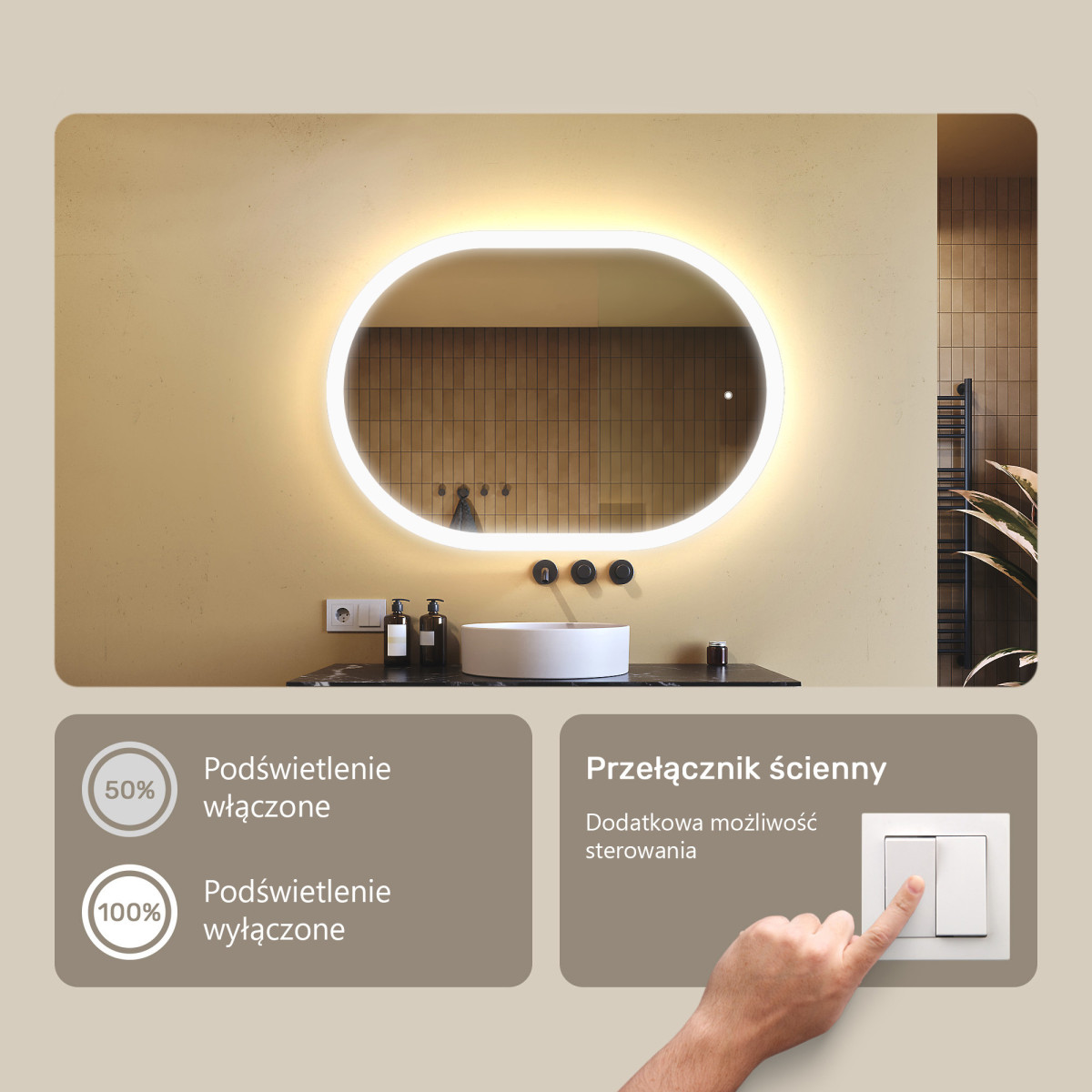 100x70 cm Podświetlane lustro do łazienki, 100x70cm, Dual color, Włącznik dotykowy