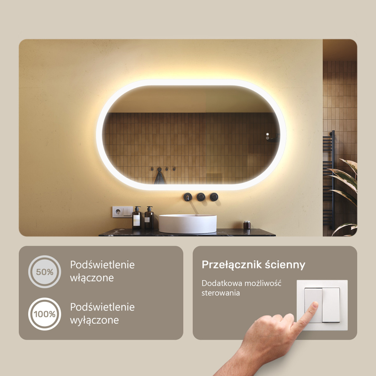 120x70 cm Podświetlane lustro do łazienki, 120x70cm, Dual color, Włącznik dotykowy, Mata grzewcza