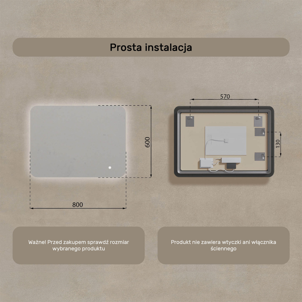 80x60 cm Zaokrąglone lustro do łazienki z oświetlenim LED, 80x60cm, Dual color, Włącznik dotykowy