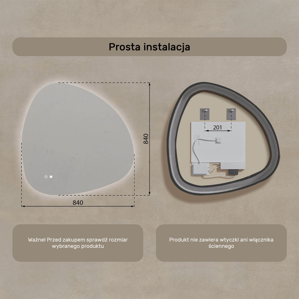 84x84 cm Lustro nieregularne z podświetleniem, 84x84cm, Dual color, Włącznik dotykowy, Mata grzewcza