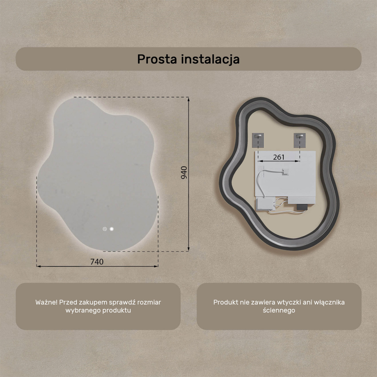 74x94 cm Lustro nieregularne z podświetleniem, 74x94cm, Dual color, Włącznik dotykowy, Mata grzewcza