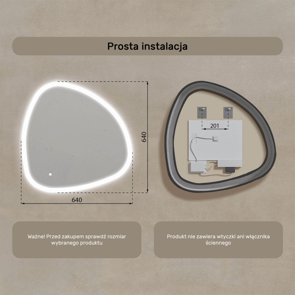 64x64 cm Lustro nieregularne z podświetleniem, 64x64cm, Dual color, Włącznik dotykowy
