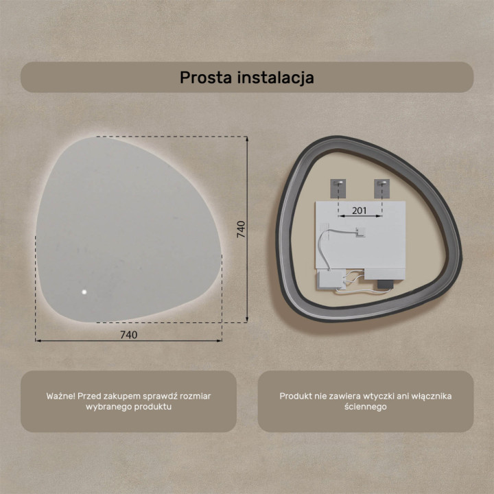 74x74 cm Lustro nieregularne z podświetleniem, 74x74cm, Dual color, Włącznik dotykowy