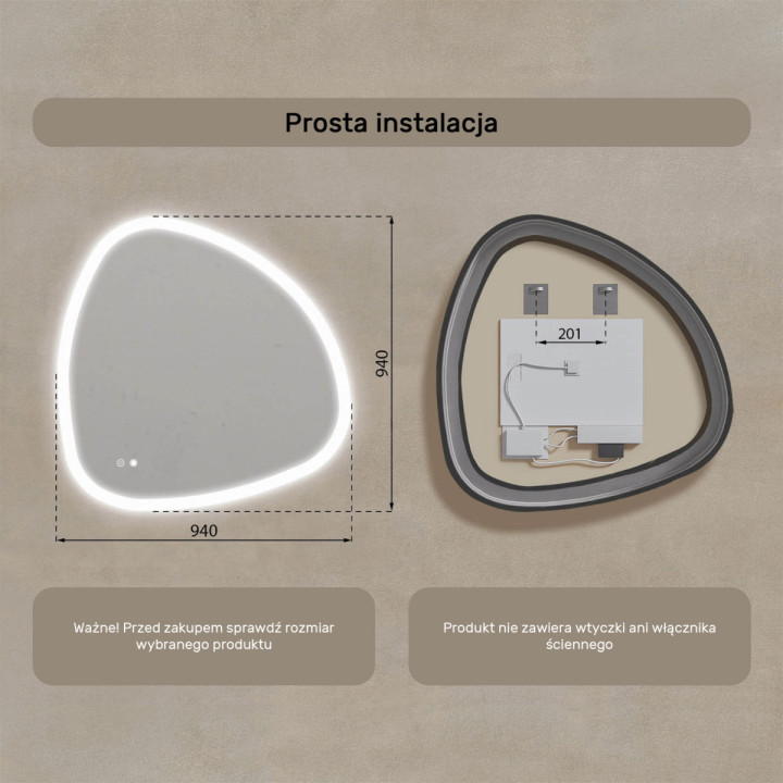 94x94 cm Lustro nieregularne z podświetleniem, 94x94cm, Dual color, Włącznik dotykowy, Mata grzewcza