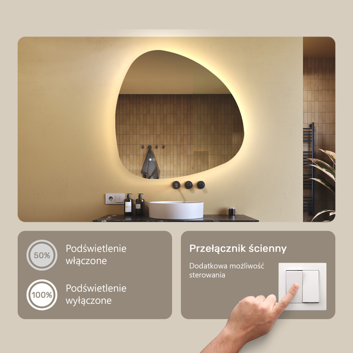 94x94 cm Lustro nieregularne z podświetleniem, 94x94cm, Dual color, Włącznik dotykowy, Mata grzewcza