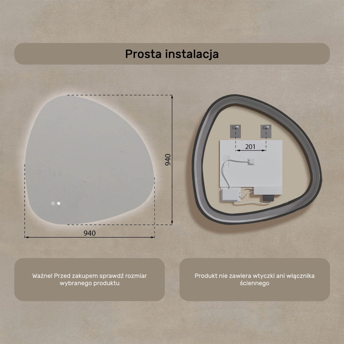 94x94 cm Lustro nieregularne z podświetleniem, 94x94cm, Dual color, Włącznik dotykowy, Mata grzewcza