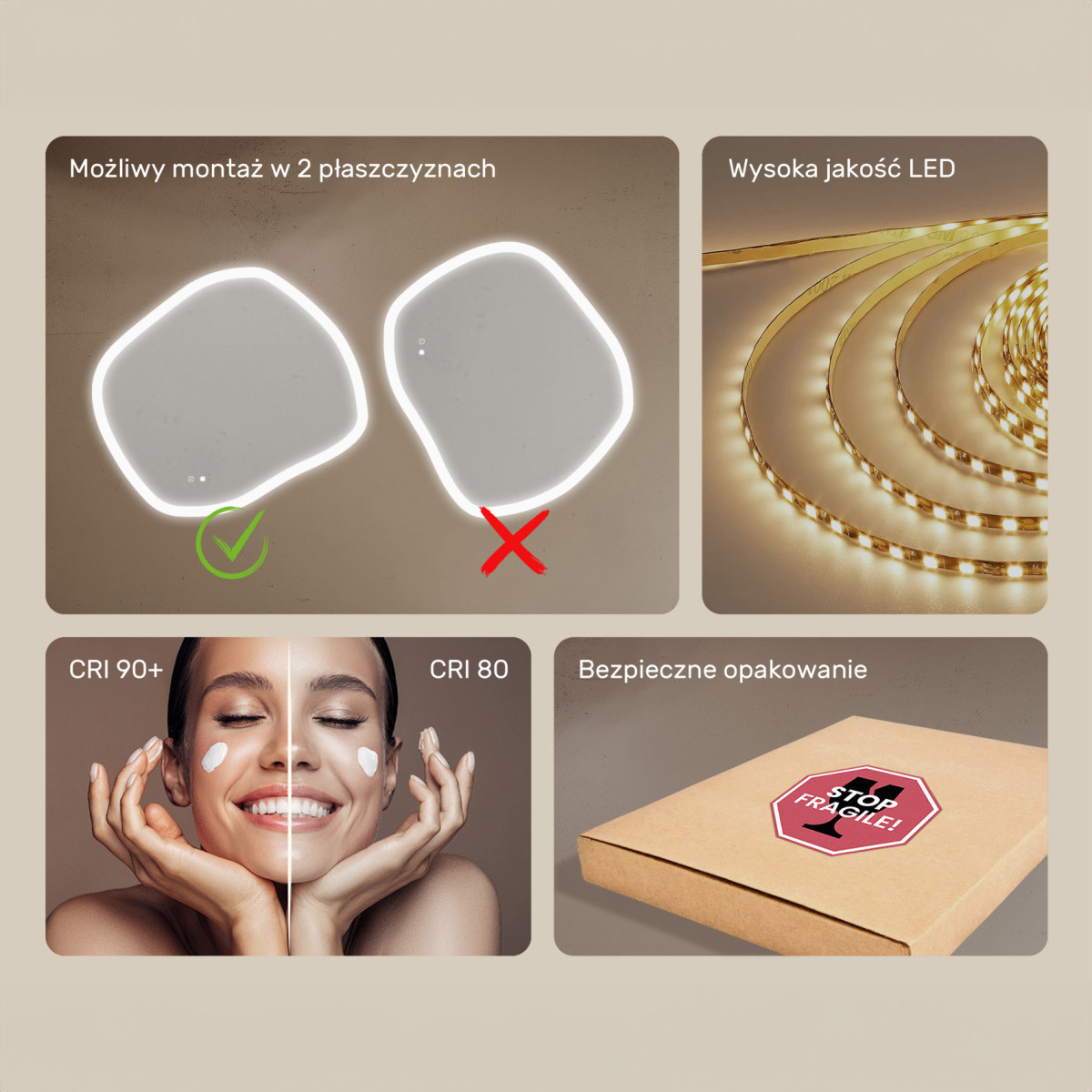 104x94 cm Lustro łazienkowe z oświetleniem, 104x94cm, Dual color, Włącznik dotykowy, Mata grzewcza