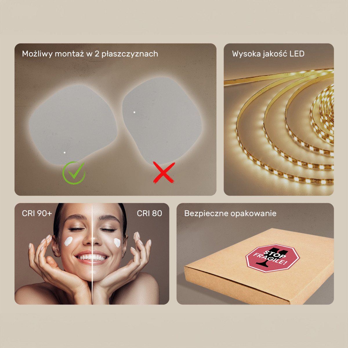 104x94 cm Lustro łazienkowe z oświetleniem, 104x94cm, Dual color, Włącznik dotykowy