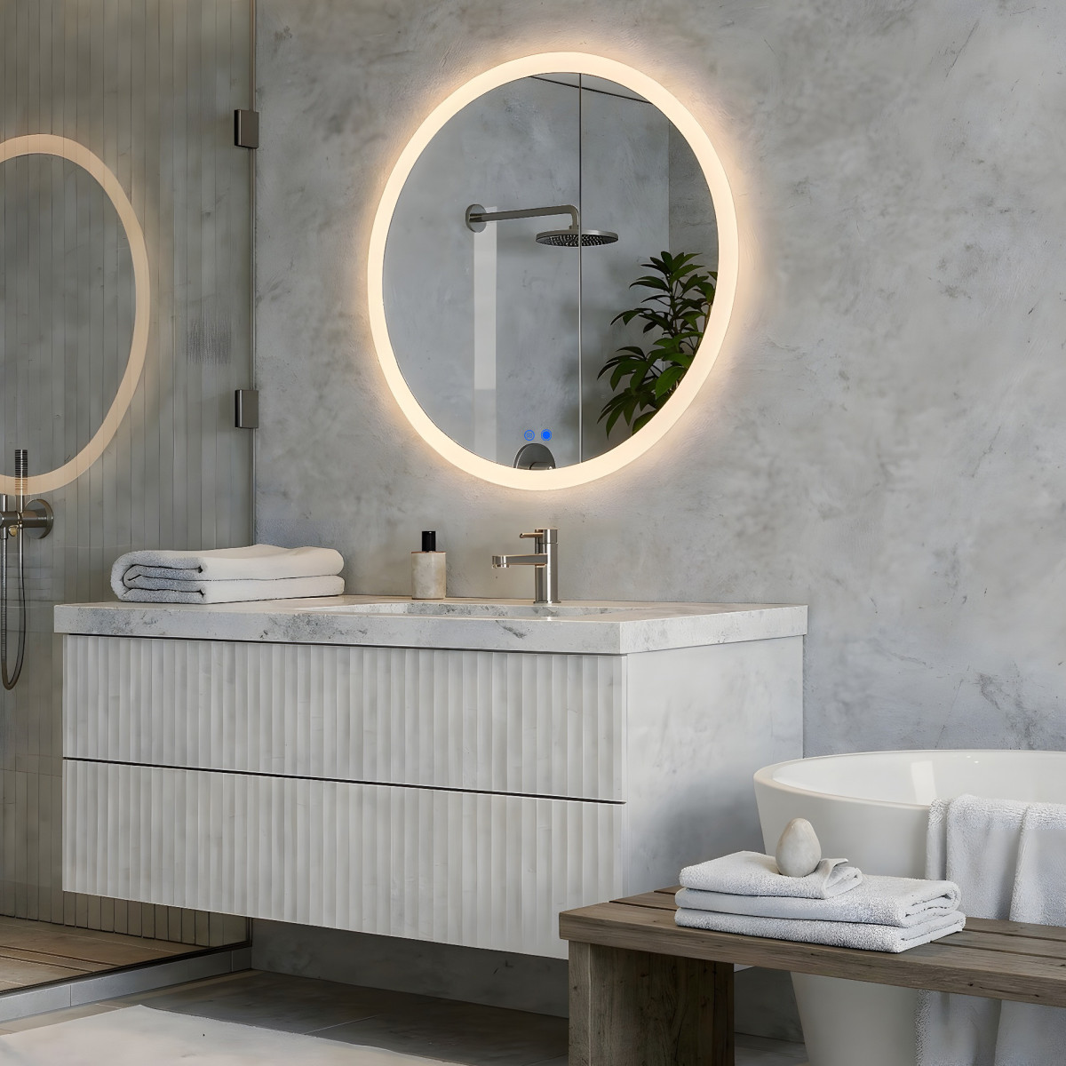 Lustra okrągłe z oświetleniem LED do łazienki 60cm z Dual color, Włącznik dotykowy, Mata grzewcza