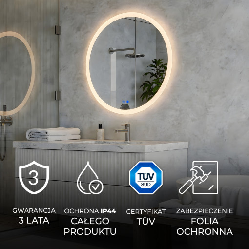 Lustra okrągłe z oświetleniem LED do łazienki 60cm z Dual color, Włącznik dotykowy, Mata grzewcza