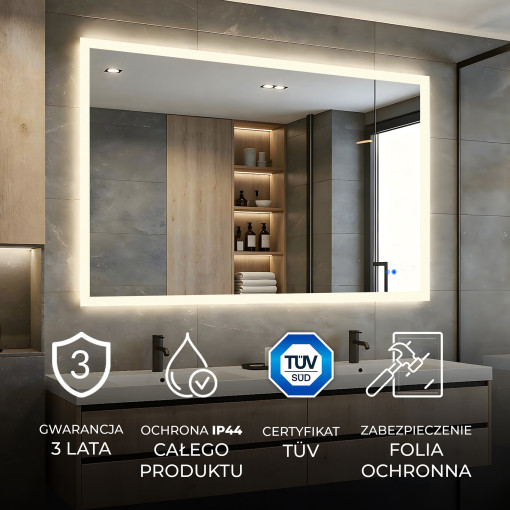 120x70 cm Prostokątne lustro do łazienki podświetlane LED 120x70cm z Dual color, Włącznik dotykowy, Mata grzewcza