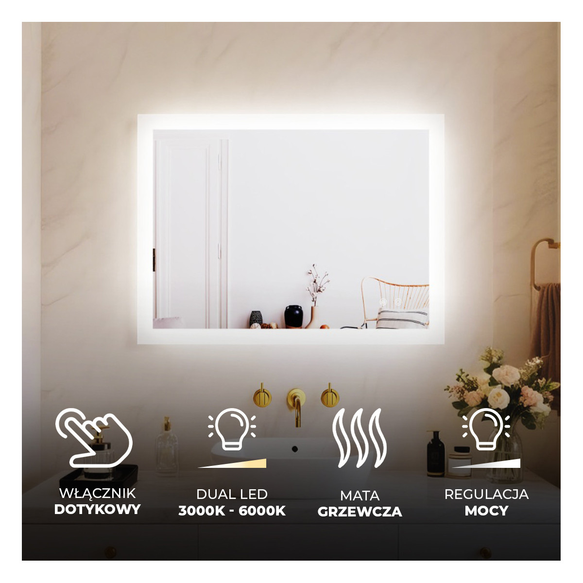 80x60 cm Prostokątne lustro łazienkowe LED 80x60cm z Dual color, Włącznik dotykowy, Mata grzewcza