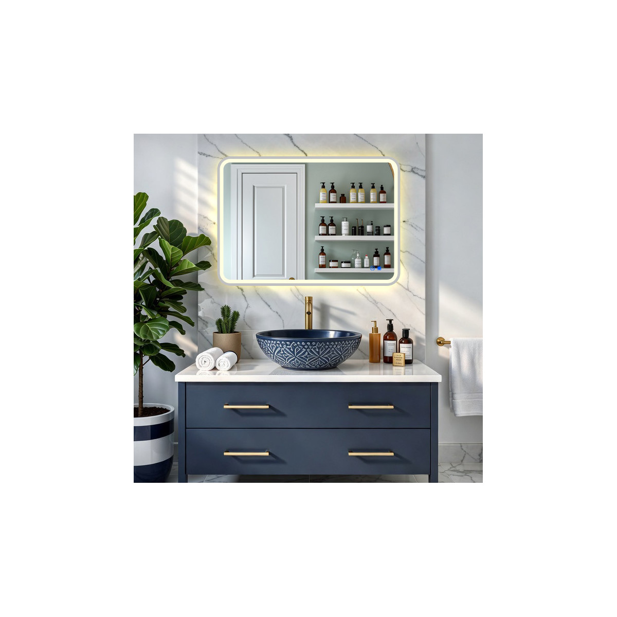 Zaokrąglone lustro podświetlane LED - 80x60/60x80 cm w srebnej ramie aluminiowej