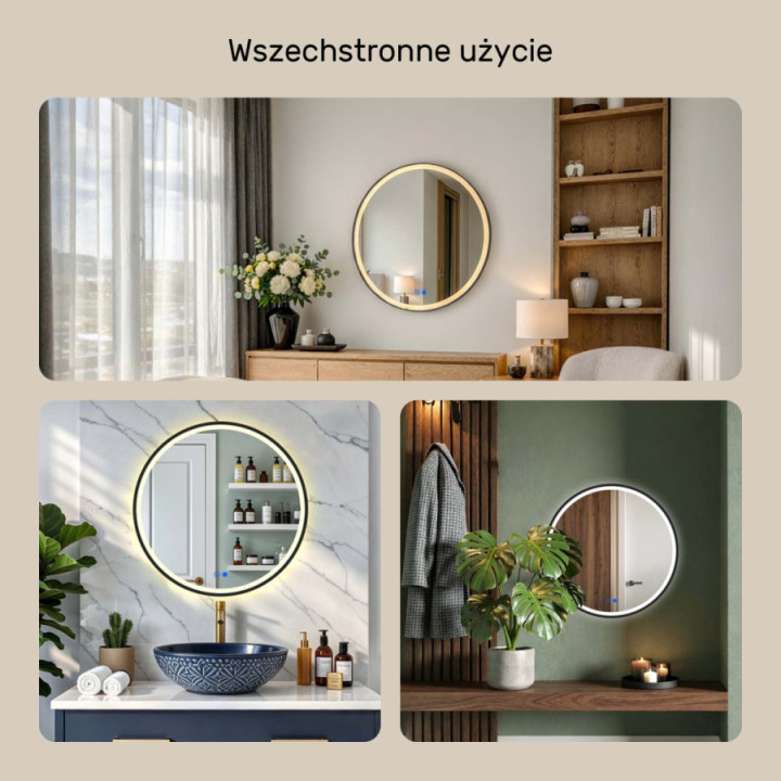 Okrągłe lustro 60 cm z podświetleniem LED w czarnej aluminiowej ramie