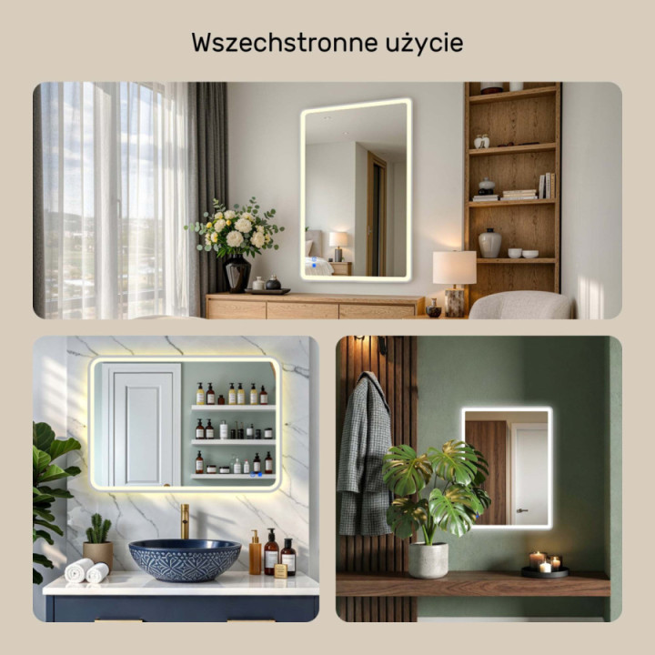 Zaokrąglone lustro podświetlane LED - 100x70/70x100 cm w srebnej ramie aluminiowej