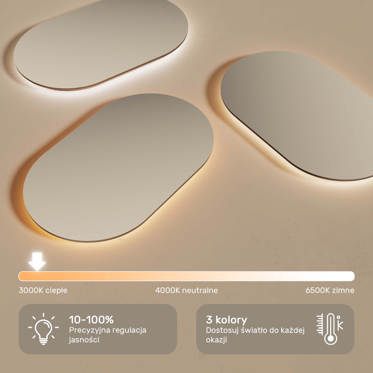 Owalne lustro podświetlane LED - 50x100/100x50 cm w srebnej ramie aluminiowej