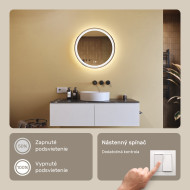 60x60 cm Okrúhle osvetlené zrkadlo do kúpeľne 60 cm s dvojfarebným podsvietením, dotykovým vypínačom a vyhrievacou podložkou