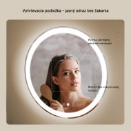 60x60 cm Okrúhle osvetlené zrkadlo do kúpeľne 60 cm s dvojfarebným podsvietením, dotykovým vypínačom a vyhrievacou podložkou