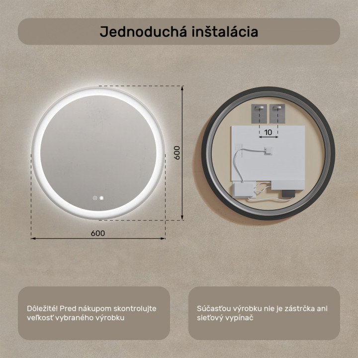 60x60 cm Okrúhle osvetlené zrkadlo do kúpeľne 60 cm s dvojfarebným podsvietením, dotykovým vypínačom a vyhrievacou podložkou