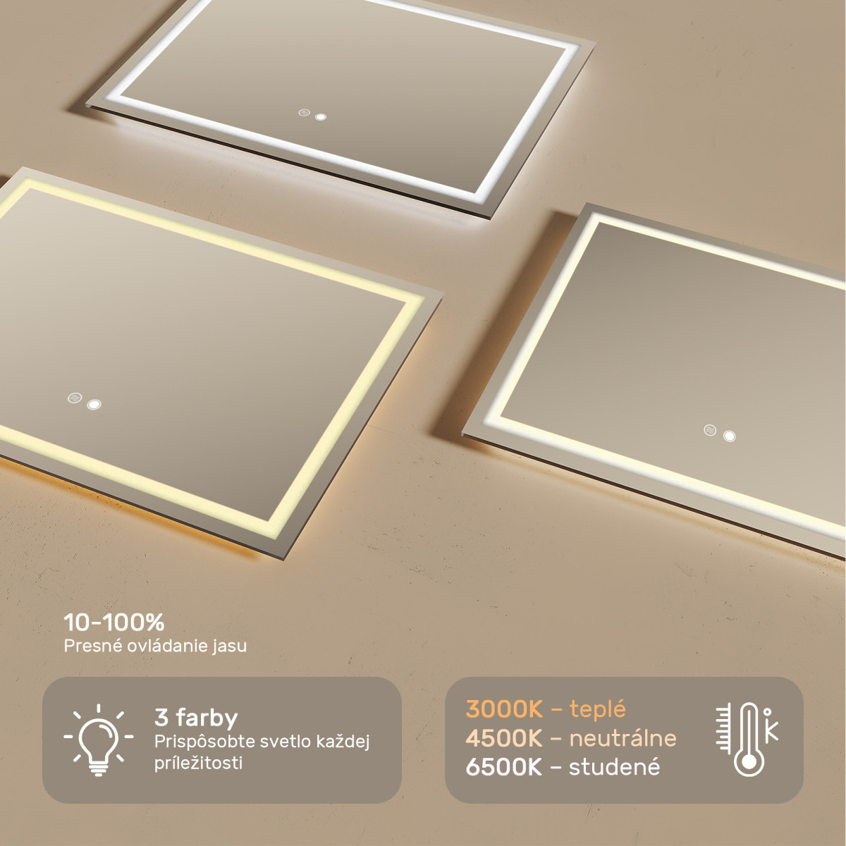 70x50 cm Kúpeľňové zrkadlo s podsvietením 70x50cm s dvojfarebným podsvietením, dotykovým vypínačom, vyhrievanou podložkou