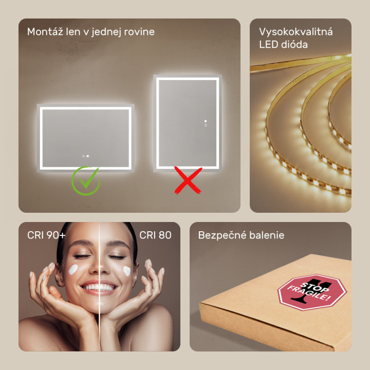 70x50 cm Kúpeľňové zrkadlo s podsvietením 70x50cm s dvojfarebným podsvietením, dotykovým vypínačom, vyhrievanou podložkou