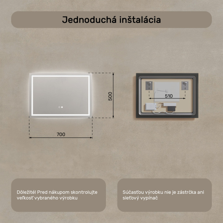 70x50 cm Kúpeľňové zrkadlo s podsvietením 70x50cm s dvojfarebným podsvietením, dotykovým vypínačom, vyhrievanou podložkou