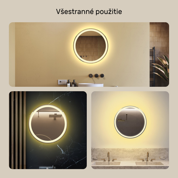 60x60 cm Kruhové osvetlené zrkadlo do kúpeľne 60 cm s teplou farbou 3000 K