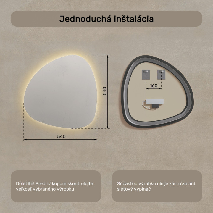 54x54 cm Nerovnomerné osvetlené dekoratívne zrkadlo LED 54x54cm s teplou farbou 3000K