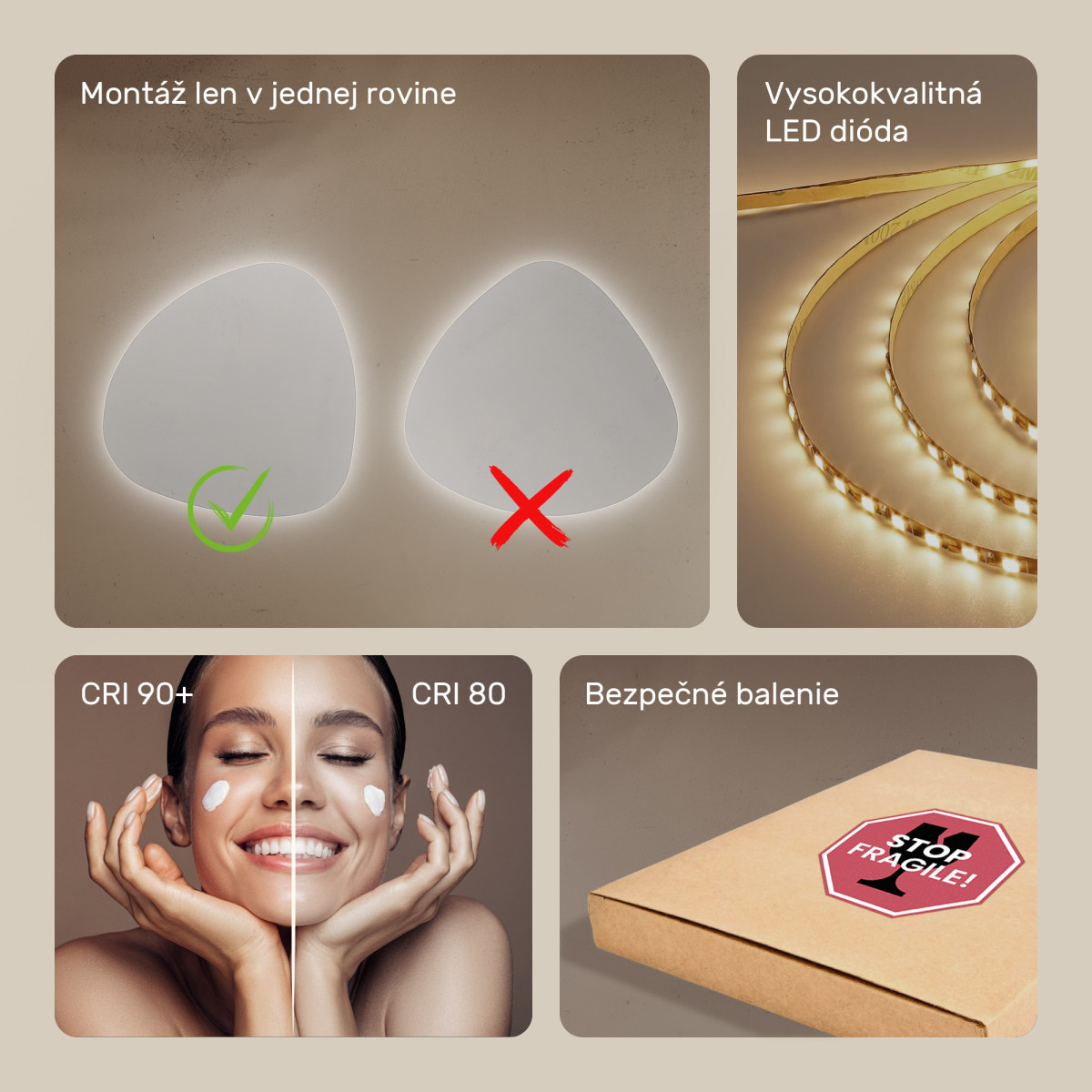 74x74 cm Nerovnomerné osvetlené dekoratívne zrkadlo LED 74x74cm s chladnou farbou LED 7000K