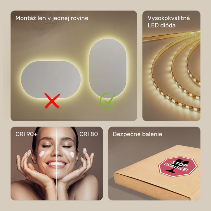 50x80 cm Kúpeľňové zrkadlo s podsvietením 50x80cm s teplou farbou 3000K