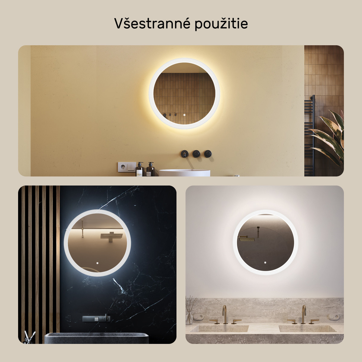 60x60 cm Kruhové kúpeľňové zrkadlo s LED podsvietením 60cm s dvojitou farbou, dotykový vypínač