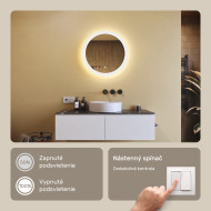 60x60 cm Kruhové kúpeľňové zrkadlo s LED podsvietením 60cm s dvojitou farbou, dotykový vypínač