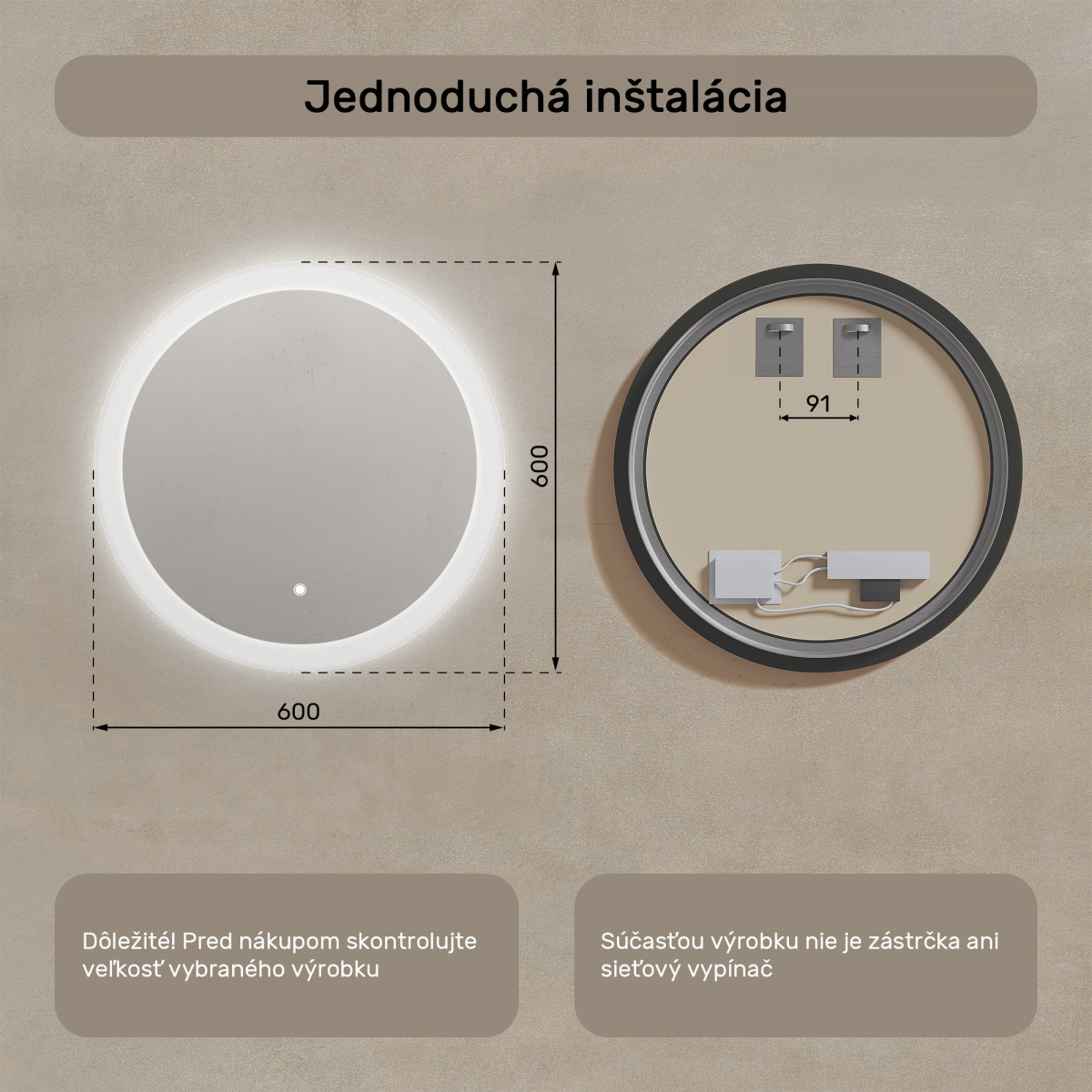 60x60 cm Kruhové kúpeľňové zrkadlo s LED podsvietením 60cm s dvojitou farbou, dotykový vypínač