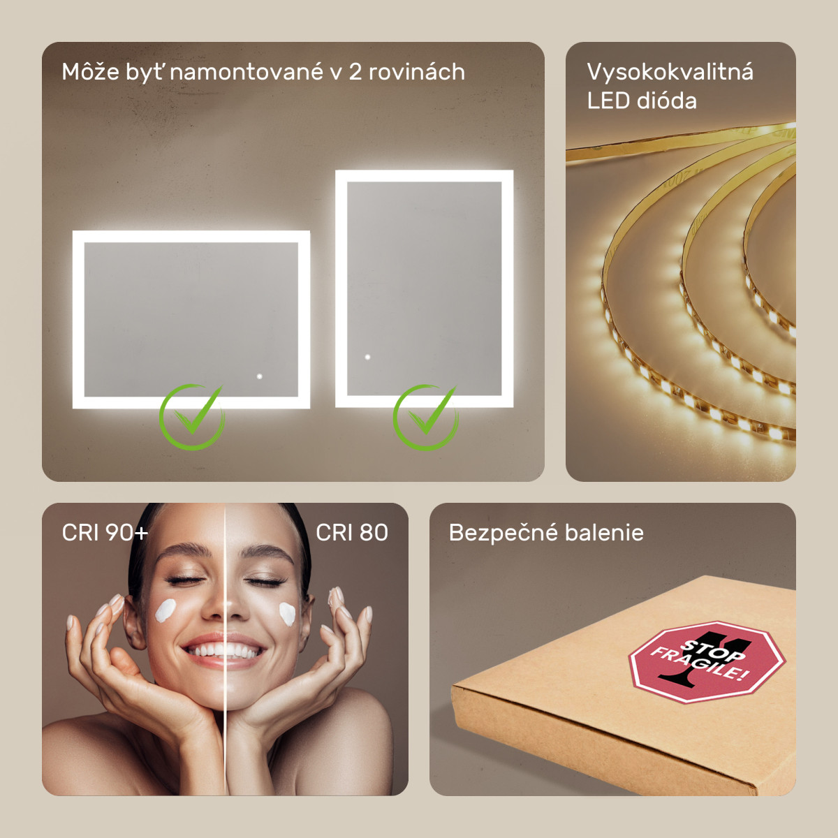 80x60 cm Obdĺžnikové zrkadlo do kúpeľne s LED osvetlením 80x60cm s dvojfarebným LED osvetlením, dotykový vypínač