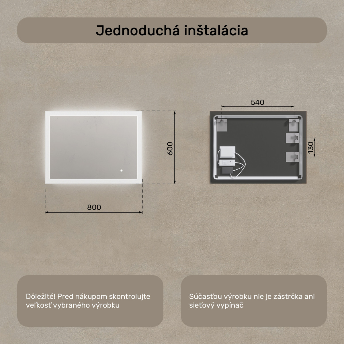 80x60 cm Obdĺžnikové zrkadlo do kúpeľne s LED osvetlením 80x60cm s dvojfarebným LED osvetlením, dotykový vypínač