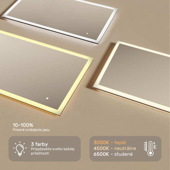 120x70 cm Obdĺžnikové zrkadlo do kúpeľne s LED osvetlením 120x70cm s dvojfarebným LED osvetlením, dotykový vypínač
