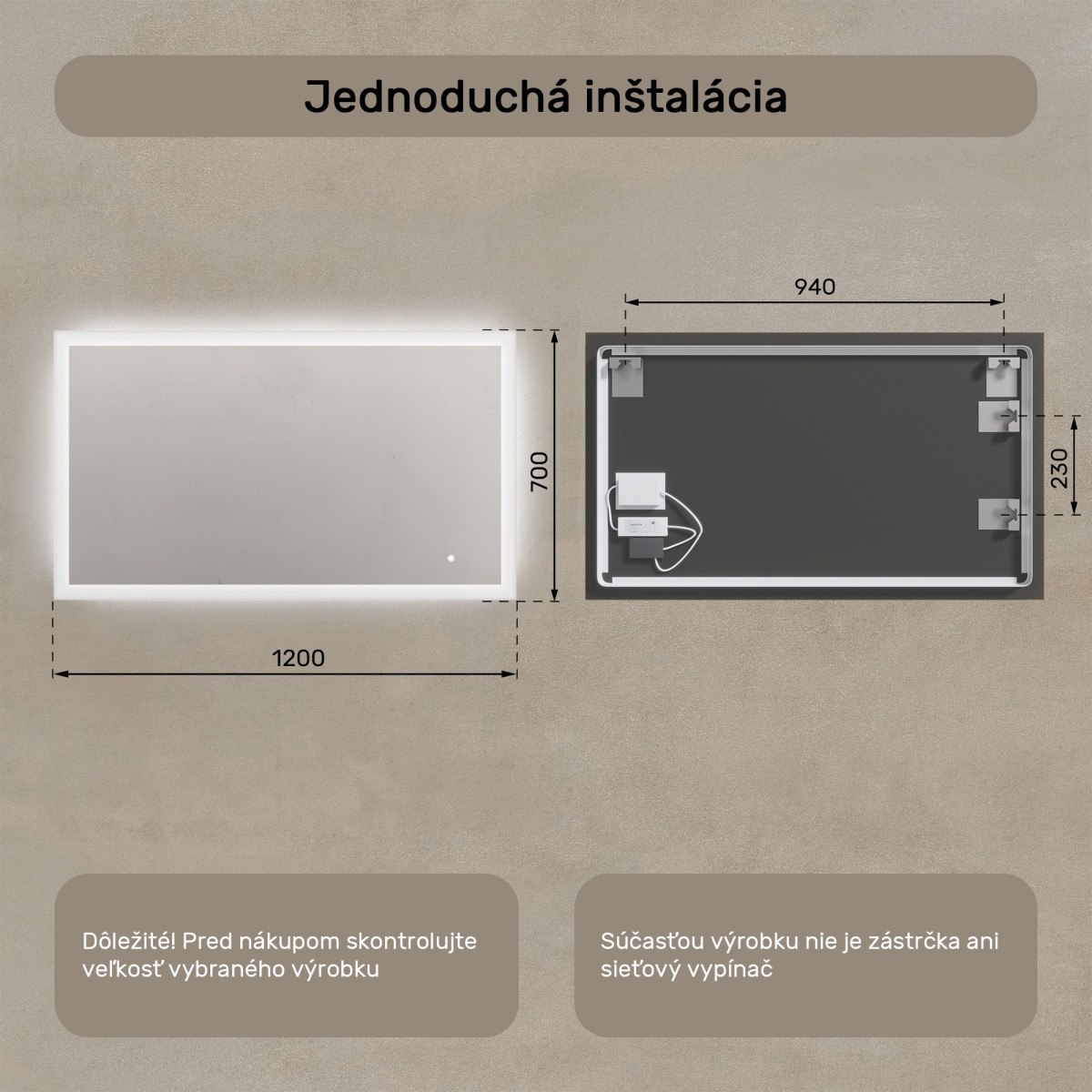 120x70 cm Obdĺžnikové zrkadlo do kúpeľne s LED osvetlením 120x70cm s dvojfarebným LED osvetlením, dotykový vypínač