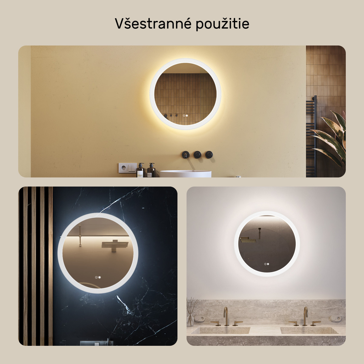 Okrúhle kúpeľňové zrkadlo s LED osvetlením 60 cm, Dual Color, dotykovým vypínačom a vyhrievacou podložkou