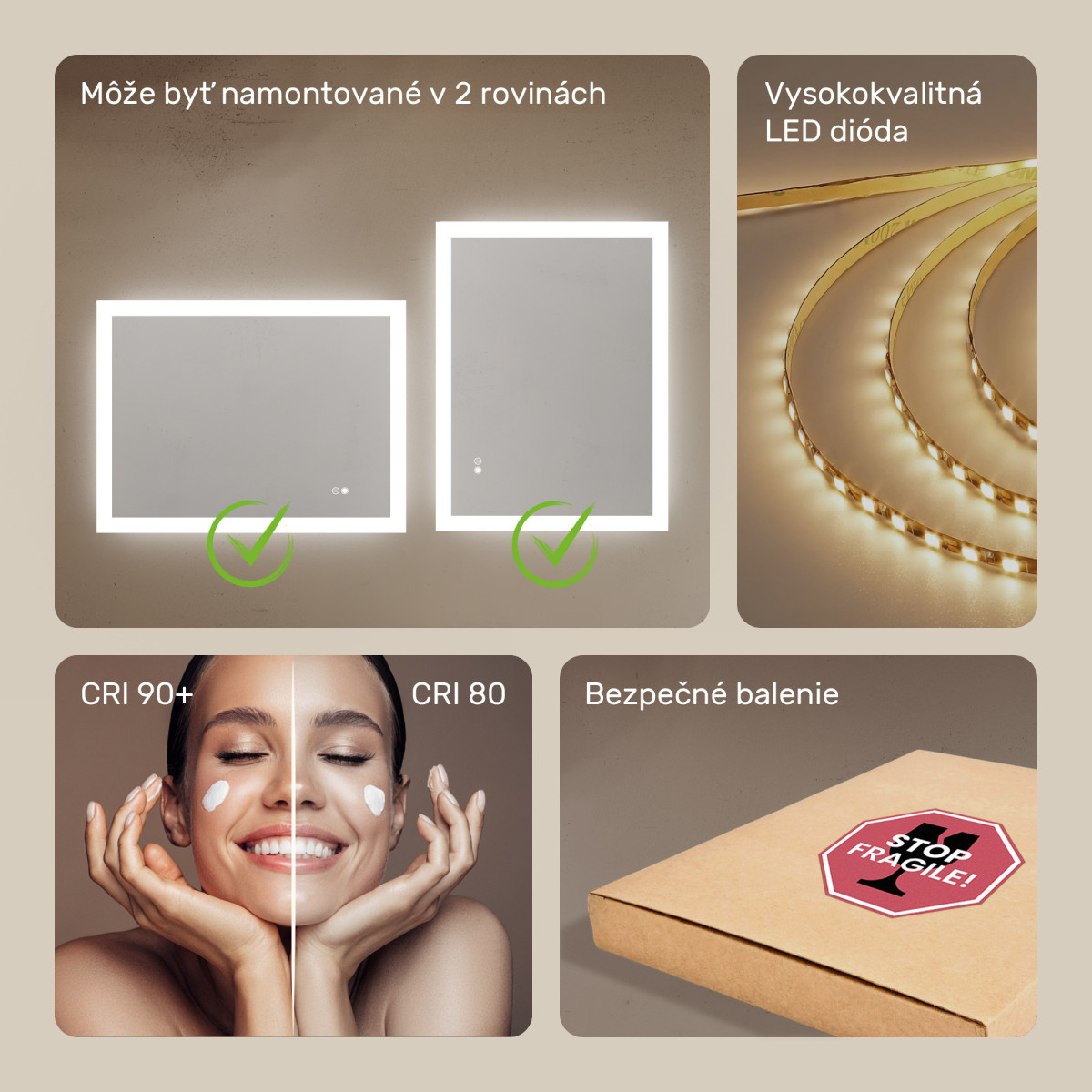 80x60 cm Obdĺžnikové kúpeľňové zrkadlo LED 80x60cm s dvojfarebným osvetlením, dotykový vypínač, vyhrievacia podložka