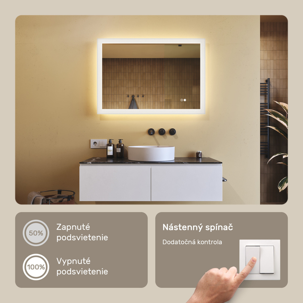 100x70 cm Obdĺžnikové kúpeľňové zrkadlo s LED osvetlením s dvojfarebným osvetlením, dotykový vypínač, vyhrievacia podložka