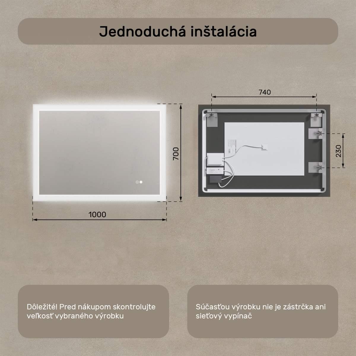 100x70 cm Obdĺžnikové kúpeľňové zrkadlo s LED osvetlením s dvojfarebným osvetlením, dotykový vypínač, vyhrievacia podložka