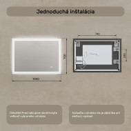 100x70 cm Obdĺžnikové kúpeľňové zrkadlo s LED osvetlením s dvojfarebným osvetlením, dotykový vypínač, vyhrievacia podložka