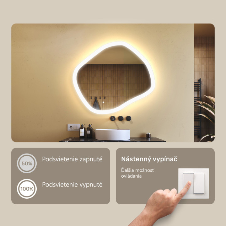 84x74 cm Kúpeľňové zrkadlo s osvetlením, 84x74cm, dvojfarebné, dotykový vypínač
