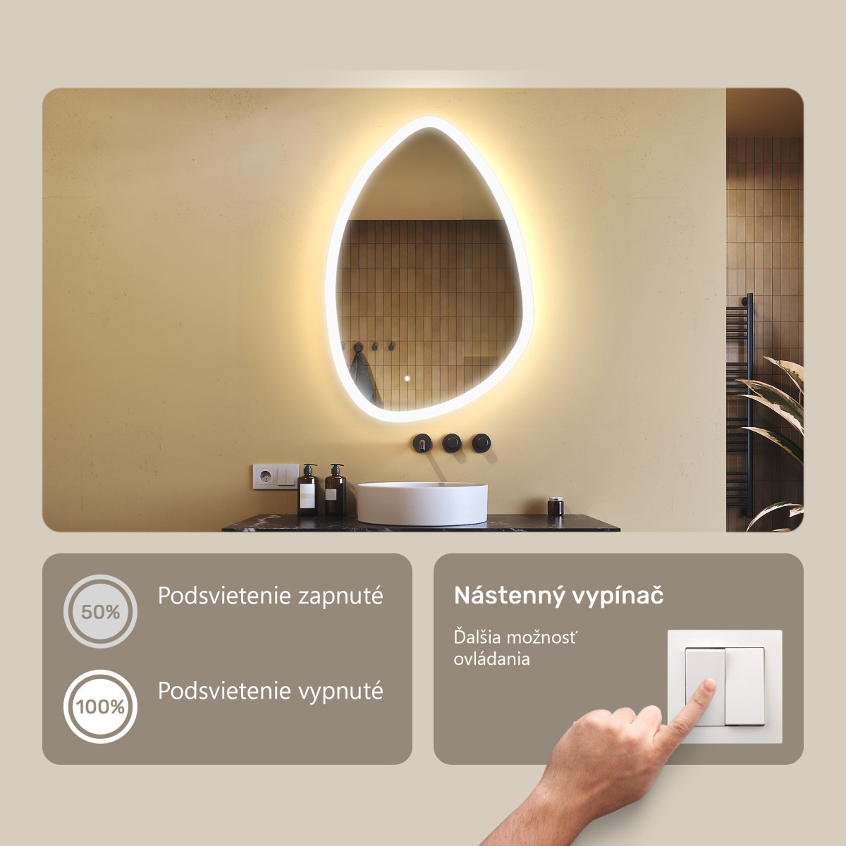 64x94 cm Nerovnomerné zrkadlo s podsvietením, 64x94cm, dvojfarebné, dotykový vypínač