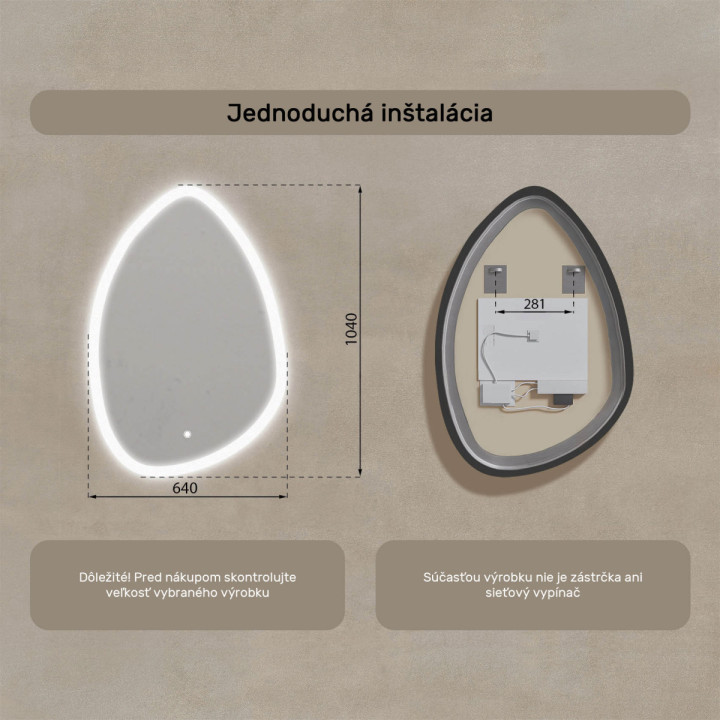 64x94 cm Nerovnomerné zrkadlo s podsvietením, 64x94cm, dvojfarebné, dotykový vypínač