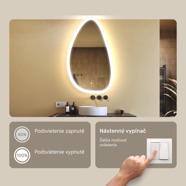 64x104 cm Nerovnomerné zrkadlo s podsvietením, 64x104cm, dvojfarebné, dotykový vypínač